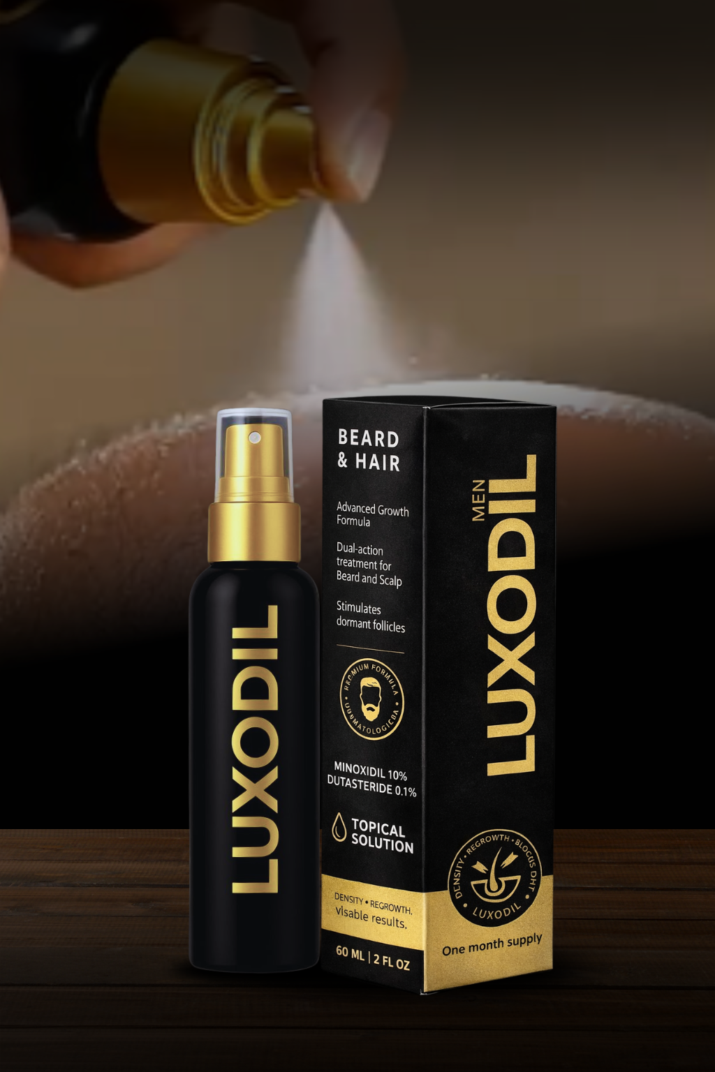 Luxodil - Frasco y caja del tratamiento con Minoxidil 10% y Dutasteride 0.1%